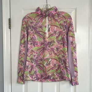 Stella Parker long sleeve with mesh floral zip neck top pink purple green small
